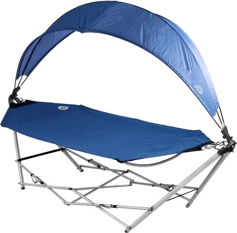 أرجوحة محمولة في الهواء الطلق مع حامل - قم بتجهيز الأرجوحة المحمولة مع حامل متضمن، أرجوحة قابلة للطي مع ظل للشمس، أراجيح مؤطرة، مثالية للتخييم والمشي لمسافات طويلة والترفيه في الهواء الطلق باللون الأزرق in Kuwait