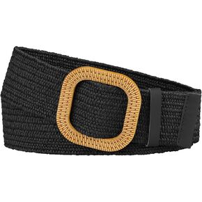 Womens Woven Wide Stretch Belts, Straw Rattan Wooden Buckle Elastic Waist Belts Waistband for Dress