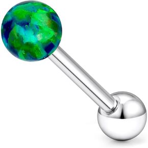 14G Astm F136 Titanium Tongue Rings Round Opal Tongue Piercing Jewelry G23 Solid Titanium Internally Threaded 16MM Tongue Rings Piercing Barbell Jewelry for Women Men 14 Gauge
