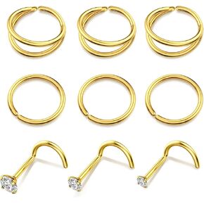 BodyBonita 9Pcs Nose Rings Hoops - 316L Stainless Steel 20G 18G Nose Stud Twist Style Bendable Hypoallergenic Cartilage Earrings for Women Conch Piercing Jewelry Helix Rook Tragus Lobe Daith Snug 8mm 10mm