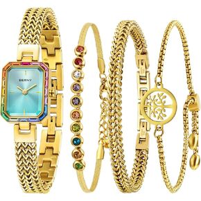 BERNY Gold Watches for Women Dainty Quartz Bracelet Watch Ladies Wrist Watch and Bracelet Set Coloured Stones Accented Fashion Luxury Birthday Gifts for Women