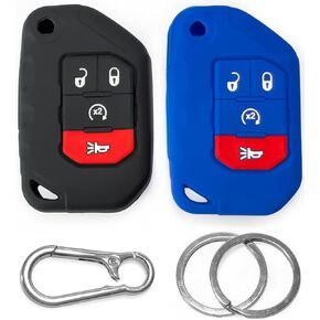 أغطية مفاتيح من السيليكون Click&Fit مكونة من قطعتين متوافقة مع Jeep Wrangler 2018-2022، Rubicon 18-22، Gladiator Sahara 2020-22 - واقيات حافظة مطاطية لمفتاح السيارة عن بعد، 4 أزرار، 68292944AA، أسود ورمادي