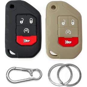 2-Pack Click&Fit Silicone Key Fob Covers compatible with Jeep Wrangler 2018-2022, Rubicon 18-22, Gladiator Sahara 2020-22 – Car Remote Key Rubber Case Protectors, 4-Buttons, 68292944AA, Black&Gray