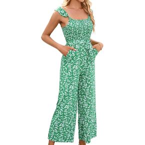 KOJOOIN Women's Casual Floral Sleeveless Jumpsuits Smocked Tank Top Square Neck Belt Wide Leg Jumpsuit Rompers with Pockets