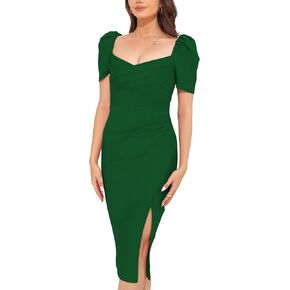 Women's Midi Bodycon Dresses Sweetheart Neck Puff Sleeve Side Slit Ruched Tummy Control Wrap Dress Wedding Guest Dress