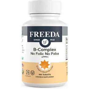 Freeda Vitamin B Complex No Folic No PABA - Super B Complex Kosher Vitamin Supplement with Vitamin B1 Vitamin B2 Vitamin B3 Vitamin B5 Vitamin B6 Vitamin B12 - Vit B Complex B for Women & Men (100 Ct)