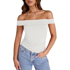 LUYAA Women's Off Shoulder Cropped Tops Short Sleeve Slim Fit Ruched T Shirt Going Out Y2K Trendy Outfits