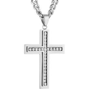 HZMAN Cross Necklace for Men Boy Stainless Steel Cross with Cubic Zirconia Inlay Pendant Necklace with 7mm Cuban Chain 24In