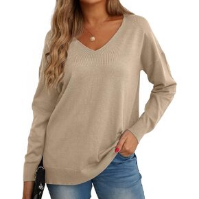GRECERELLE Women's V-Neck Long Sleeve Side Split Loose Casual Knit Pullover Sweater Blouse