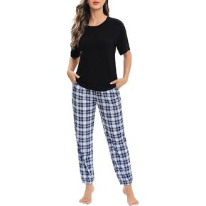 SWOMOG Womens Pajama Sets 2 PCS Modal Pjs Sets Short Sleeve Pajama Top & Plaid Pants with Pockets Loungewear Set