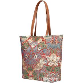 Signare Tapestry Shoulder Bag Tote Bag for Women with Red Flower and Bird William Morris Strawberry Thief Design (SHOU-STRD)