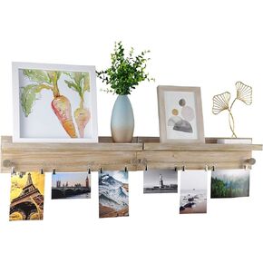 Set of 2 Wall-Mounted Picture Ledge Shelves - Twine Cords with Metal Clips - Rustic Torched Wood - Farmhouse Gray - for Hanging Photos, Prints, Artwork in Nursery, Living, Bedroom
