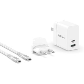 EZQuest 120W USB C Charger - 2X USB-C, 1X USB-A Port, with 2 Meter USB C Charger Cable Fast Charging Block or GAN Charger - EU Converter Compatible for MacBook Pro, iPad Pro & Other Type C Devices
