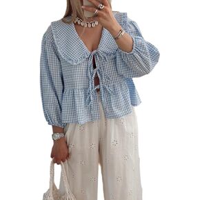 Women Lapel Doll Collar Stripe Blouse Y2k Puff Sleeve Peplum Shirts Tie Front Tops Flared Ruffle Summer Shirts