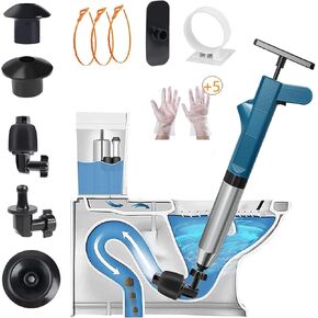 Stainless Steel Toilet Plunger Kits,Air Drain Blaster Gun Plunger High Pressure with 5 Heads,Dashboard Barometer,Sewer Toilet Kitchen Sink For Clogged Toilet Kitchen Bathroom Tubs