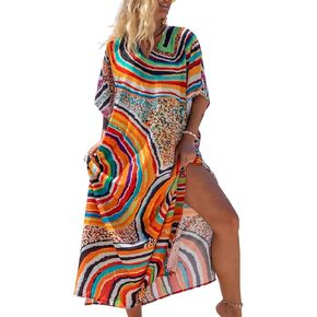 Women's Plus Size Moroccan Print V-Neck Batwing Kaftan Loose Fit Beach Dress Bathing Suit Cover Up