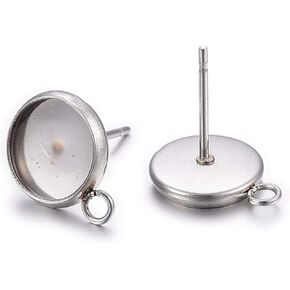 PH PandaHall 100Pcs Stainless Steel Stud Earrings - Cabochon Setting, Bezel Earring Posts, Dangle Earring Design
