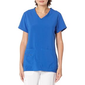 YDX Med5 Comfy Uniform V-Neck Media Scrub Top for Women Zippered Side Pockets Soft Stretchy