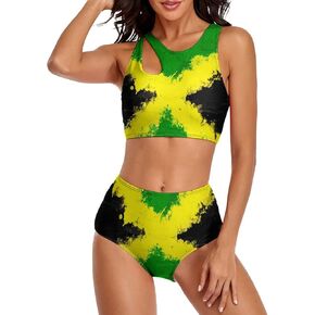 Womens Jamaican Flag High Neck Swimsuit Two Piece High Waisted Tummy Control Bikini Set