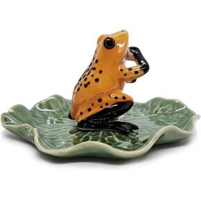 Tiny 2" High Red Black Frog On 4" Wide Lotus Leaf Incense Holder - Ceramic Incense Stick Ash Tray Porcelain Miniature Handmade Animals Figurine Display Cute Mini Colorful Décor Gift