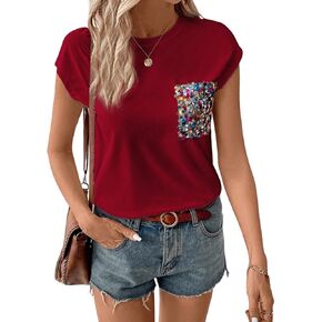 OYOANGLE Women's Summer Casual Funny Tee Cute Top Sequin Pocket Front Short Sleeve T-Shirt