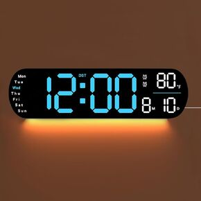 GooDay Large Digital Wall Clock with Remote, 9 RGB Color Modes, Dual Alarm, 1-Button DST, w/Time Date Week Temperature for Living Bedroom Home Decor, 13.8" Blue Color
