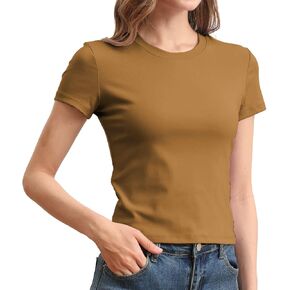 Slim Fitted Basic Tees for women Cotton Short Sleeve T Shirts Cropped Tshirts Casual Crewneck Plain Tight Tops Trendy