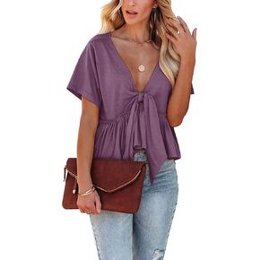 Orchidays Women's Short Sleeve Deep V Neck Blouses Babydoll Tie Front Sexy Crop Summer Tops