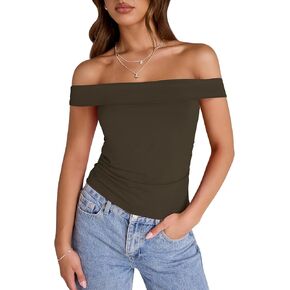 تي شيرت LUYAA نسائي بدون أكتاف مقصوص وأكمام قصيرة مقاس نحيف مكشكش تي شيرت للخروج Y2K ملابس عصرية in Kuwait