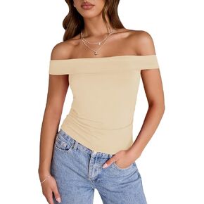 LUYAA Women's Off Shoulder Cropped Tops Short Sleeve Slim Fit Ruched T Shirt Going Out Y2K Trendy Outfits