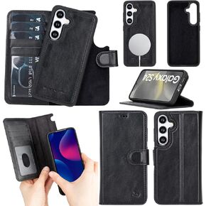 Handmade Leather Samsung Galaxy S24 Plus Wallet Case, RFID Protected Card Slots, Magnetic Removable Cover for Men and Women, 4 Card and 1 Banknote Slots with ID Window (Antic Brown)