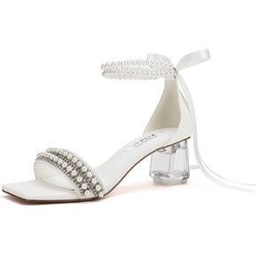 Low Block Heel Wedding Sandals Square Open Toe Clear Heels Bow Bridal Shoes Pearl Heels
