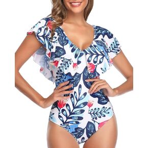 Tempt Me Women Ruffle One Piece Swimsuit Flounce Sleeve Swimwear V Neck Bathing Suit for Teen Girls