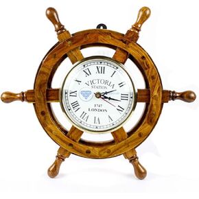 Nagina International 16" Hand Crafted Wooden Ship Wheel with 6" Wall Decor Premium Vintage Roman Dial Time's Clock | Maritime Decorative Exclusive Wall Decor Clock