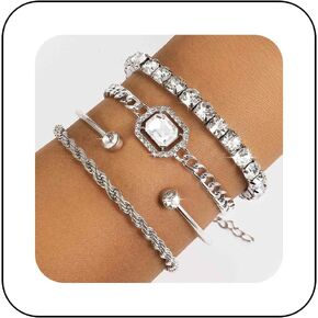 Vintage Layered Crystal Tennis Bracelet Rhinestone Bangle Bracelet Set Chunky Cz Curb Chain Bracelet Crystal Square Bracelet Jewelry for Women