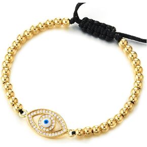COOLSTEELANDBEYOND Womens Bead Chain Bracelet with Colorful Cubic Zirconia Protection Evil Eye, Adjustable