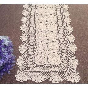 Rectangular Cotton Handmade Crochet Lace Table Runner Doilies Table Dresser Scarf Décor,16 Inch by 55 Inch，Beige