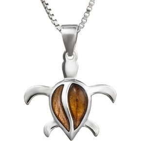 925 Sterling Silver Hawaiian Koa Wood S Back Turtle Necklace Pendant with 18" Box Chain, Nickel Free Hypoallergenic for Sensitive Skin, Ocean Beach Theme Jewelry for Women, Gift Box Included