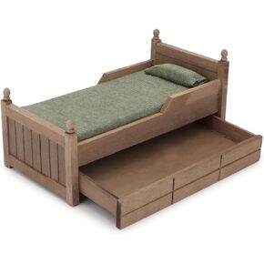 Dollhouse Miniature Bed with Drawer 1:12 Wooden Furniture European Bedroom Bedding Furniture Accessories with Pillow & Mattresses Vintage Floral Fabric Mini House Decoration