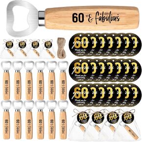 50 Sets 60th Birthday Party Favors for Guests Bottle Opener Wooden Beer Opener with Thank You Cards Organza Bags 1 Twine 60 Fabulous Party Favors for 60th Anniversary Souvenirs Supplies