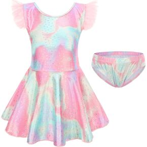 Girl One Piece Swimsuit with Short Modest Beach Swim Dress Printed Skirted Bathing Suit