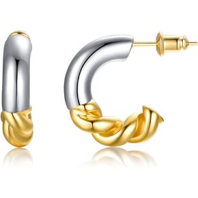 2-Tone Open Hoop Earrings for Women 18K Gold Plated Twisted/Watch Band/C-shaped/Flower Hoops Lightweight Hypoallergenic Jewelry