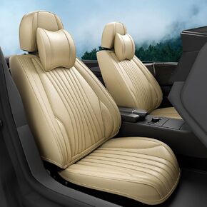 2 Pieces LB Front Car Seat Covers, Waterproof Nappa Leather Front Car Seat Protectors with Headrests, Universal Auto Interior Fit for Sedans SUV Pick-up Truck, Beige