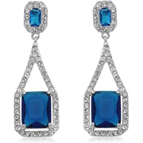 Jewelili Sterling Silver Octagon Simulated Emerald or Montana Sapphire or Simulated Ruby and Round White Clear Crystal Dangle Earrings