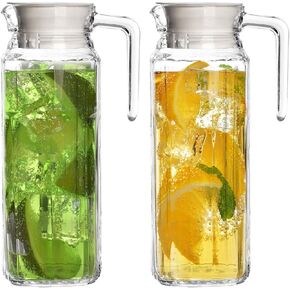 Glass Pitcher with Lid – Set of 2 Glass Water Pitcher 55Oz – Cold Carafe for Ice Tea, Water, Lemonade, Coffee – Elegant and Modern – Practical Spout Pitchers for Drinks