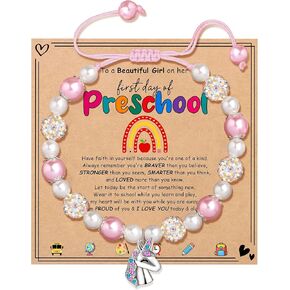 JoycuFF First Day of School Gifts for Girls First Day of Kindergarten Bracelets for Girls Daughter First Day of Pre-K Preschool Back to School Gifts Pink Heart Unicorn Bracelets