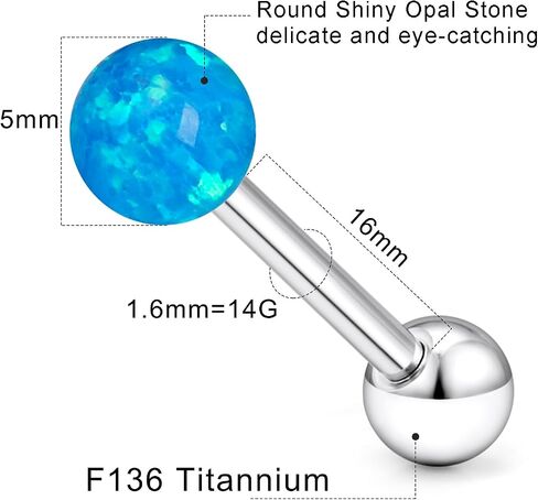 14G Astm F136 Titanium Tongue Rings Round Opal Tongue Piercing Jewelry G23 Solid Titanium Internally Threaded 16MM Tongue Rings Piercing Barbell Jewelry for Women Men 14 Gauge in Saudi Arabia