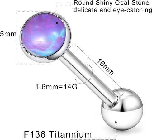 14G Astm F136 Titanium Tongue Rings Round Opal Tongue Piercing Jewelry G23 Solid Titanium Internally Threaded 16MM Tongue Rings Piercing Barbell Jewelry for Women Men 14 Gauge in Saudi Arabia