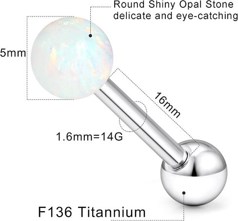 14G Astm F136 Titanium Tongue Rings Round Opal Tongue Piercing Jewelry G23 Solid Titanium Internally Threaded 16MM Tongue Rings Piercing Barbell Jewelry for Women Men 14 Gauge in Saudi Arabia