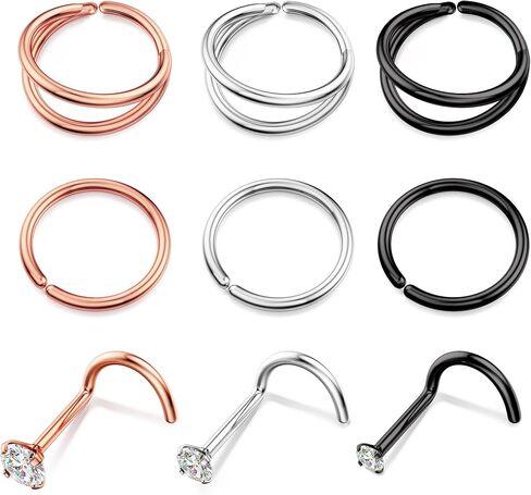 BodyBonita 9Pcs Nose Rings Hoops - 316L Stainless Steel 20G 18G Nose Stud Twist Style Bendable Hypoallergenic Cartilage Earrings for Women Conch Piercing Jewelry Helix Rook Tragus Lobe Daith Snug 8mm 10mm in Saudi Arabia
